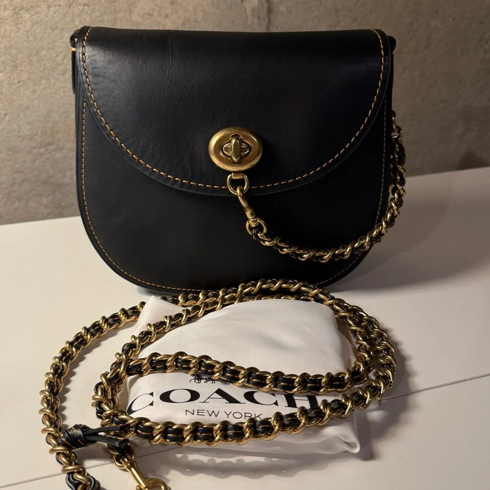 COACH 1941 Turnlock Saddle Crossbody Bag in Black Leather & Metal Braided Strap - Picture 3 of 14